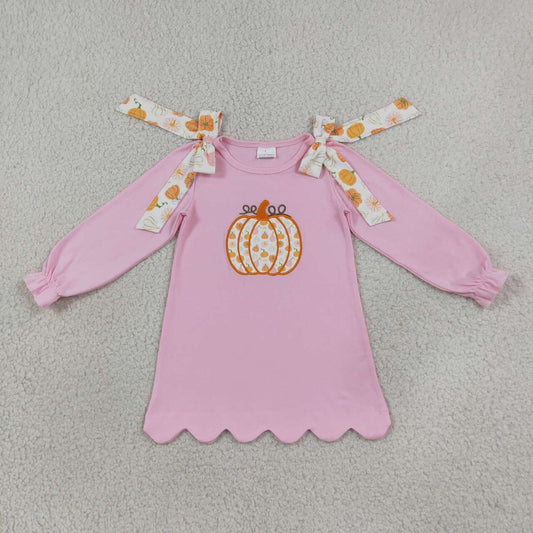 GLD1642 Pumpkin Embroidery Pink Girls Fall Scallop Edge Knee Length Dress