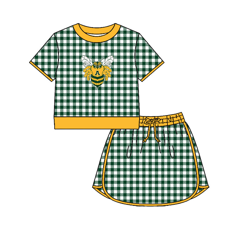 (Custom Design Preorder MOQ 5) Teams Academy Bee Top Green Checkerd Skort Girls Summer Yoga Clothes Set