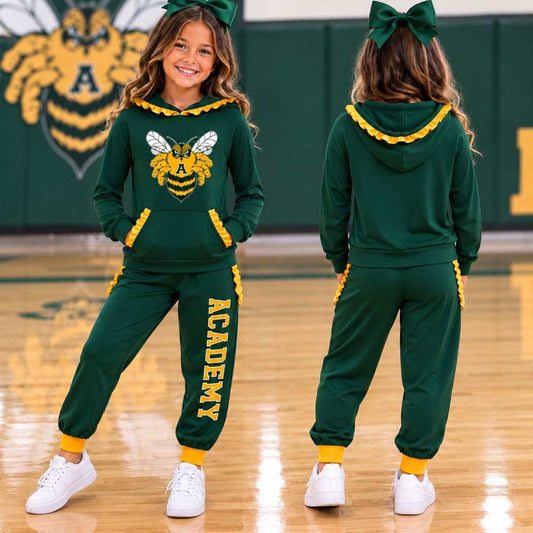 (Custom Design Preorder MOQ 5) Teams Academy Bees Green Yellow Ruffles Hoodie Top Pockets Joggers Pants Woman Yoga Clothes Set