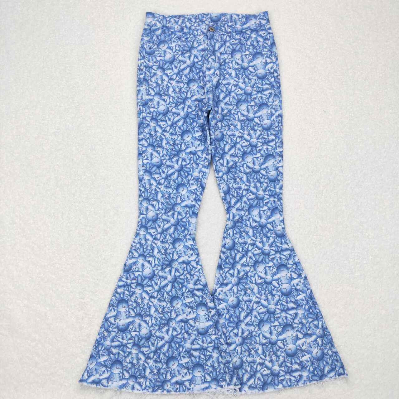 Adult blue flowers denim bell bottom jeans P0297