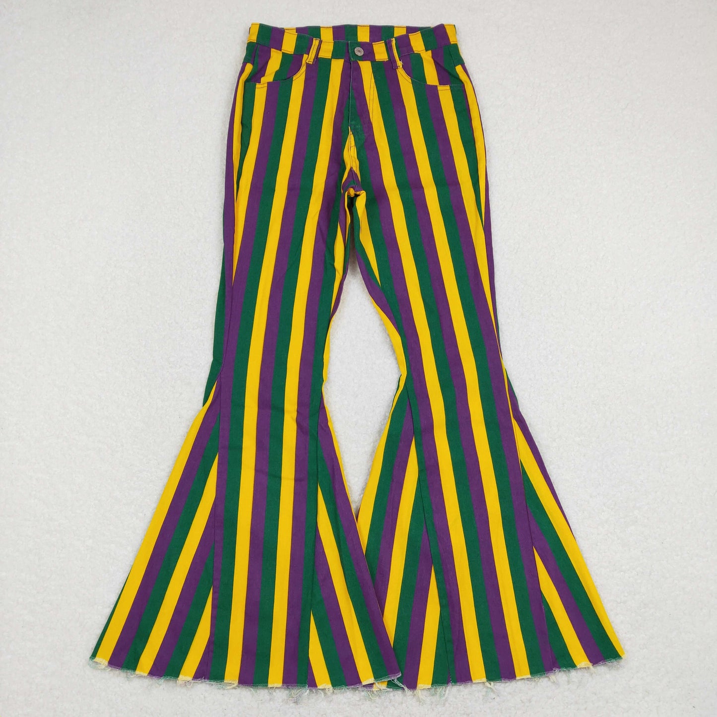 Adult purple green gold stripes denim bell bottom Mardi Gras jeans P0328