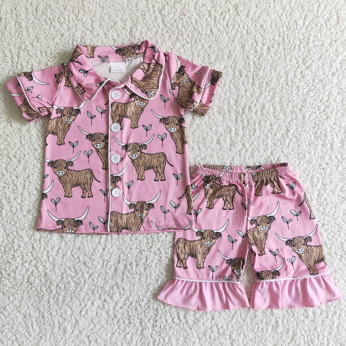 Highland Cow Pink Girls Summer Button Pajamas B11-28