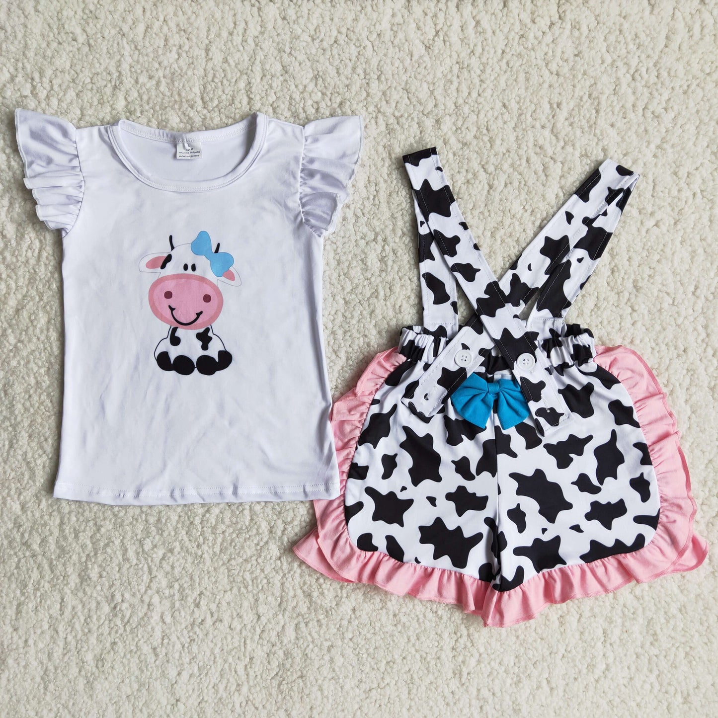 Cow White Top Ruffle Shorts Girls Summer Outfits B15-24