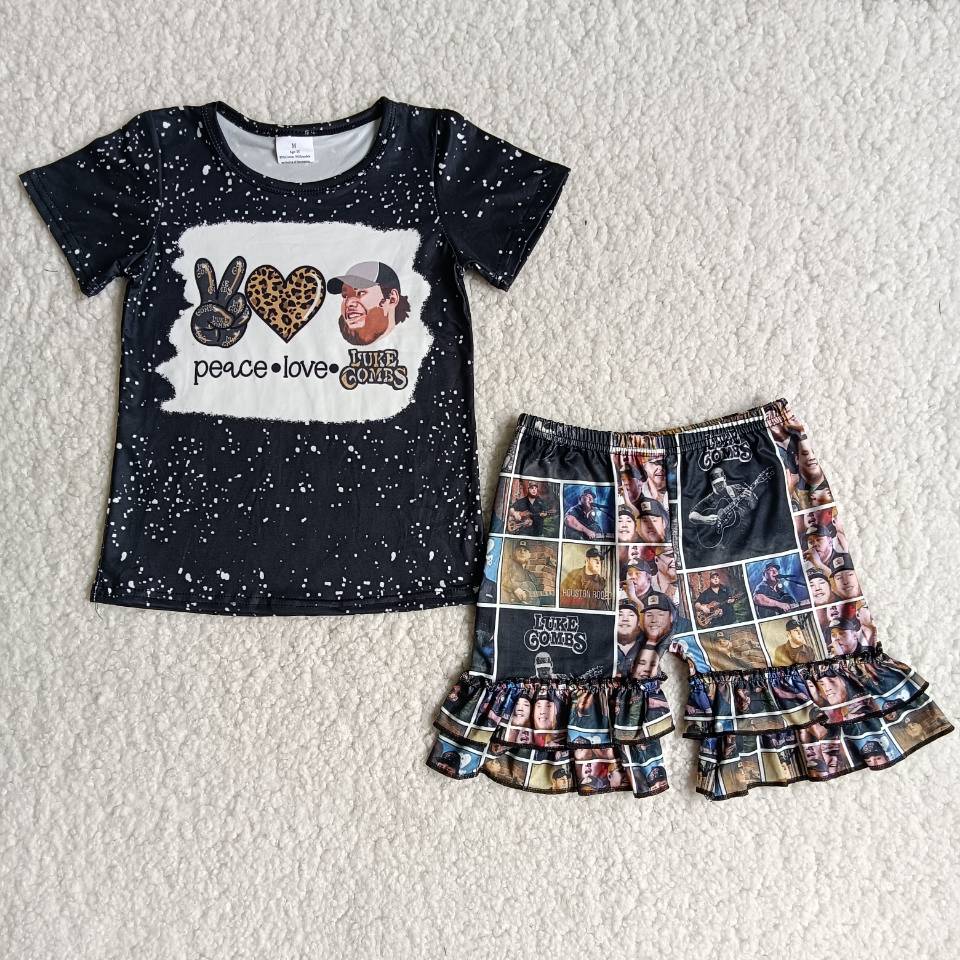 (Promotion)Singer LUK* Black Top Ruffles Shorts Girls Summer Outfits B16-3
