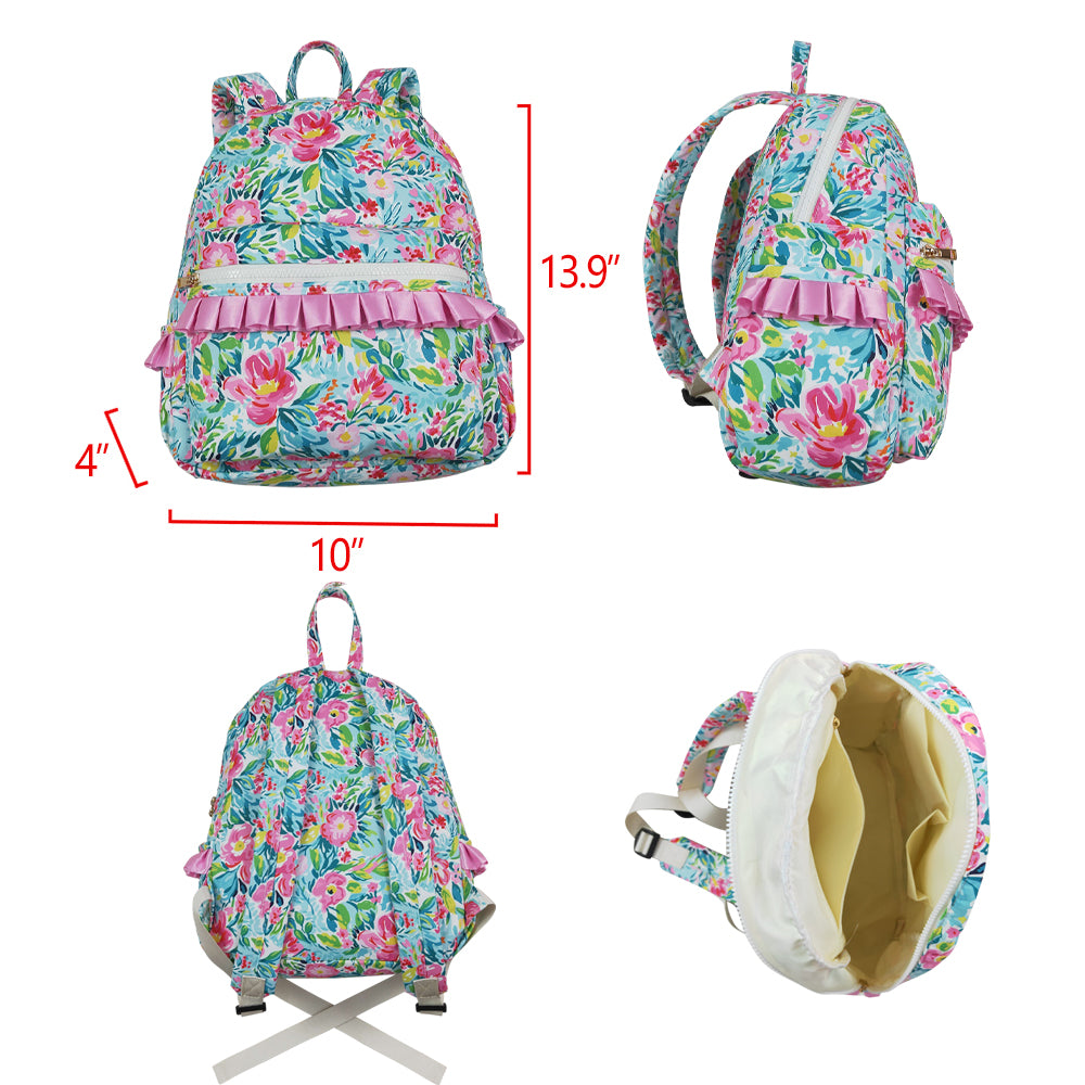 BA0176 Green Pink Flowers Backpack Baby Kids Girls Ruffle Back Bags