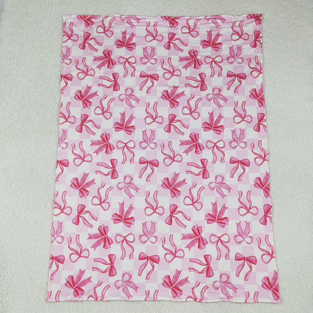 Baby Kids Pink Bow Checked Minky Blankts