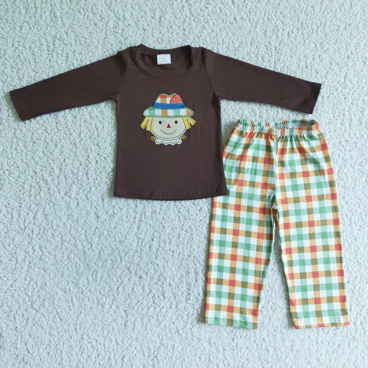 BLP0012 Scarecrow Embroidery Brown Top Plaid Pants Boys Fall Clothes Set