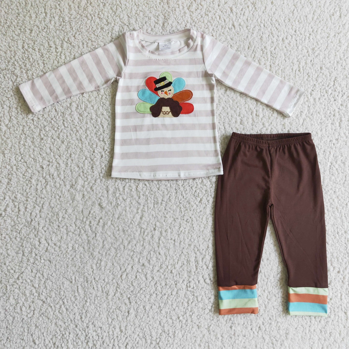 BLP0081 Turkey Embroidery Stripes Top Brown Pants Boys Thanksgiving Clothes Set