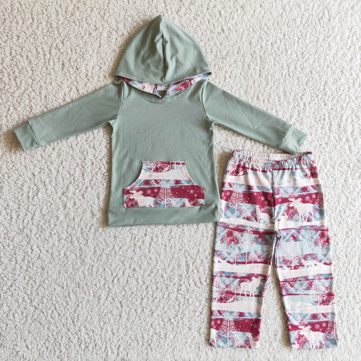 BLP0102 Baby Boy 2 Piece Hoodie Set Sage Green Moose Winter Pattern Long Sleeve Top Matching Jogger Pants