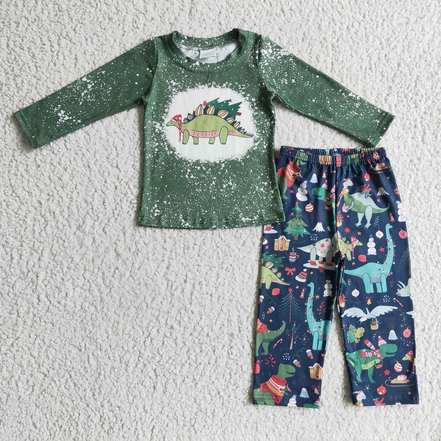 BLP0105 Dinosaur Green Print Boys Christmas Clothes Set