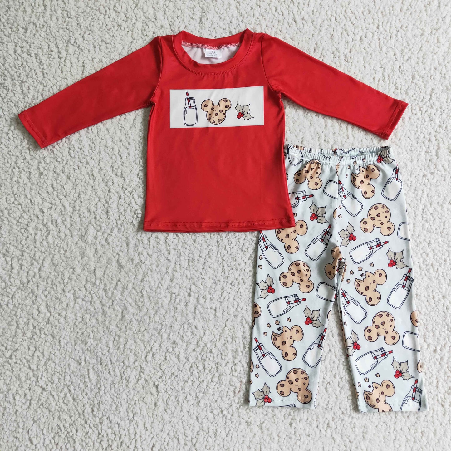 BLP0123 Cartoon Mouse Cookies Milk Holly Red Top Pants Boys Christmas Clothes Set