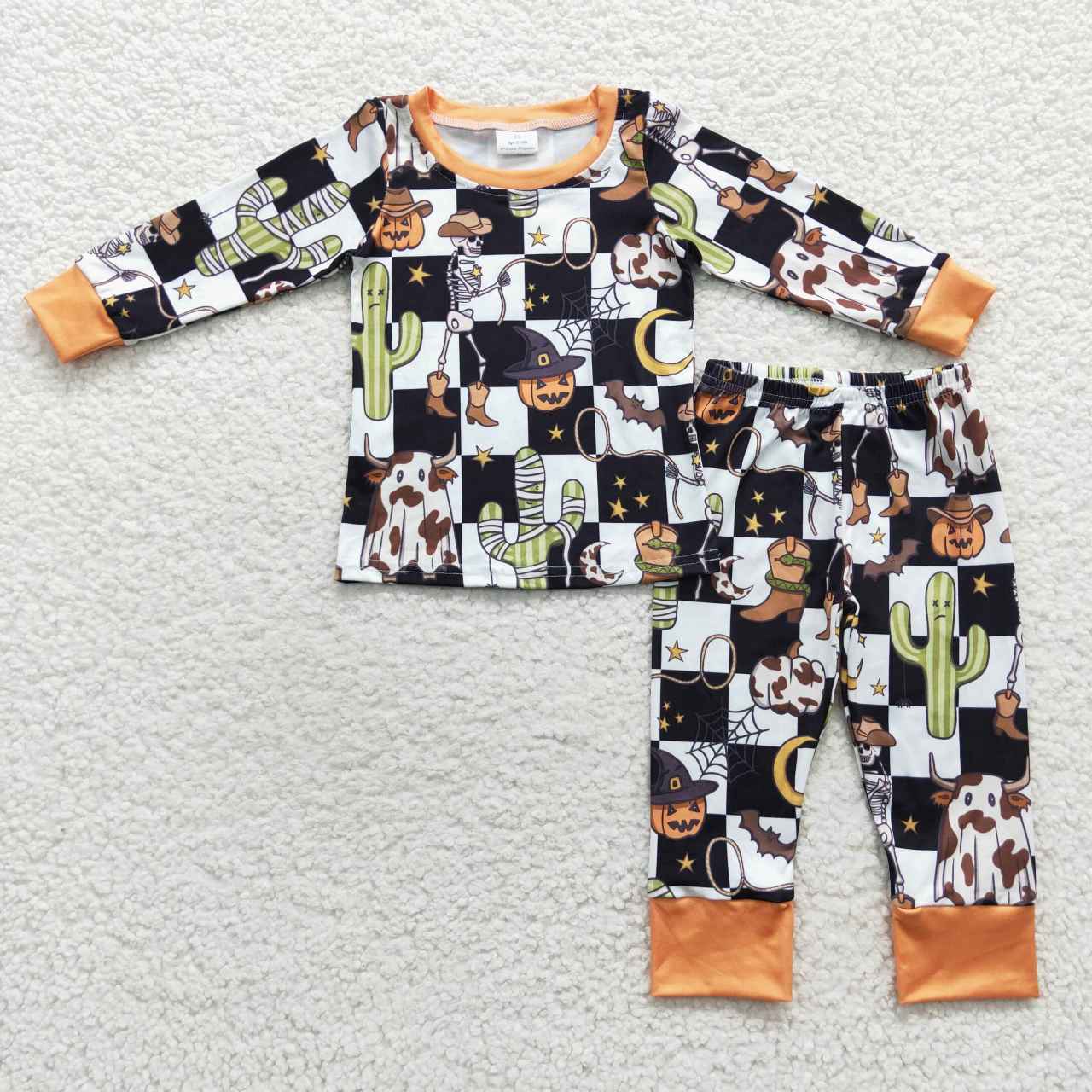 BLP0207 Cowboy Pumpkin Plaid Print Boys Halloween Pajamas Clothes Set