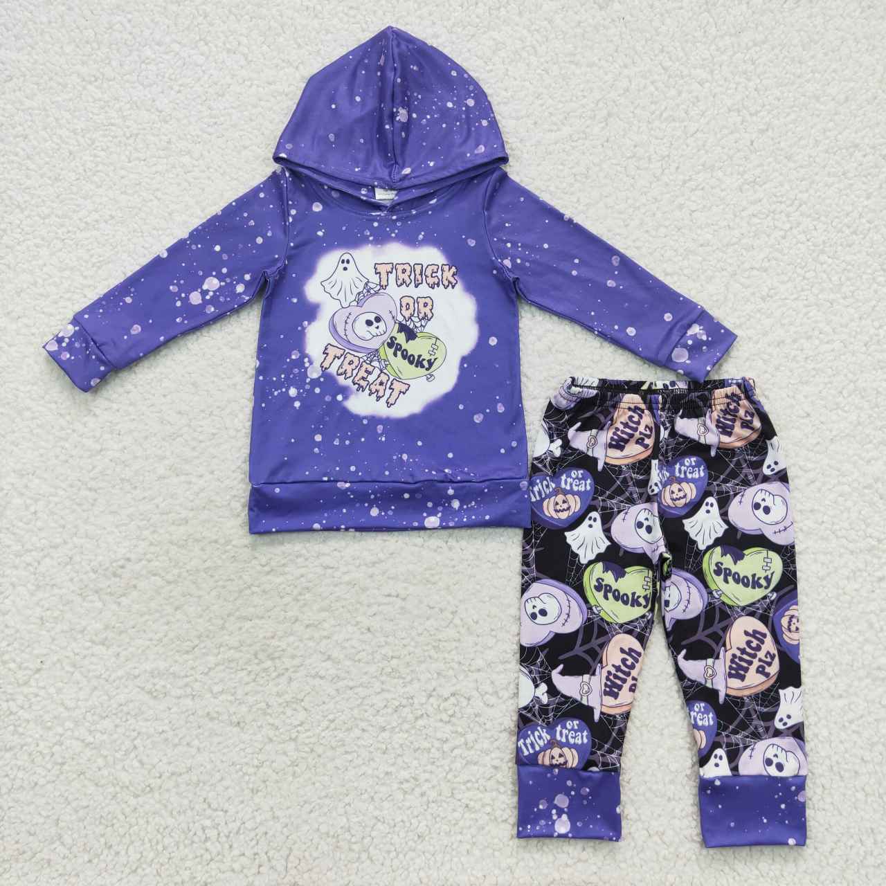 BLP0211 Trick Or Treat Bat Spooky Purple Hoodie Top Pants Boys Halloween Clothes Set