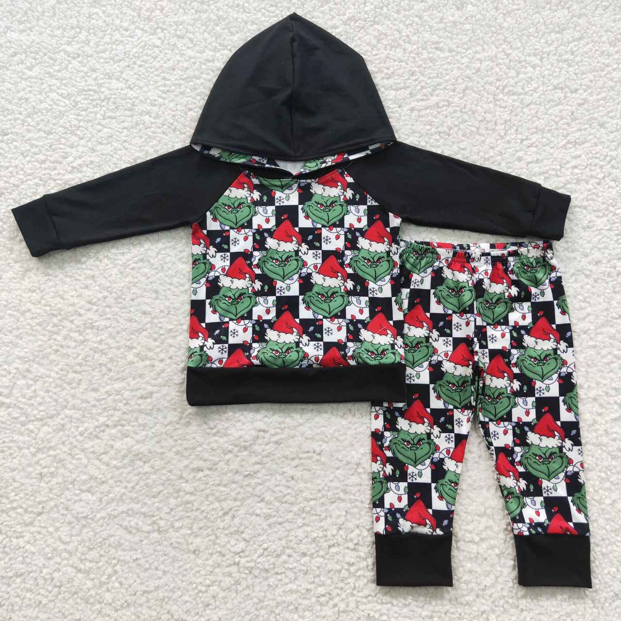 BLP0223 Green Frog Checkered Hoodie Top Pants Boys Christmas Clothes Set