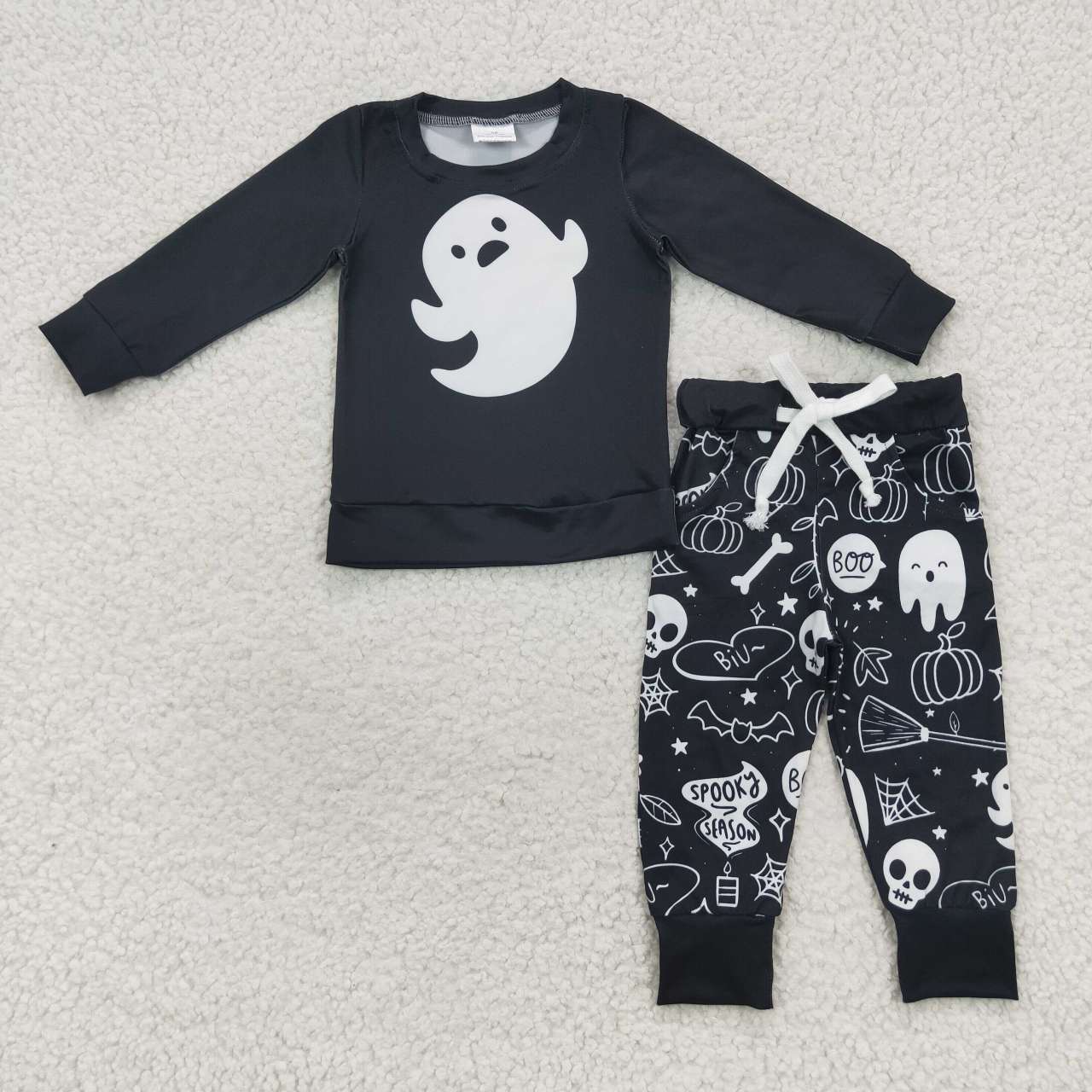 BLP0255 Ghost Black Top BOO Spooky Pants Boys Halloween Clothes Set