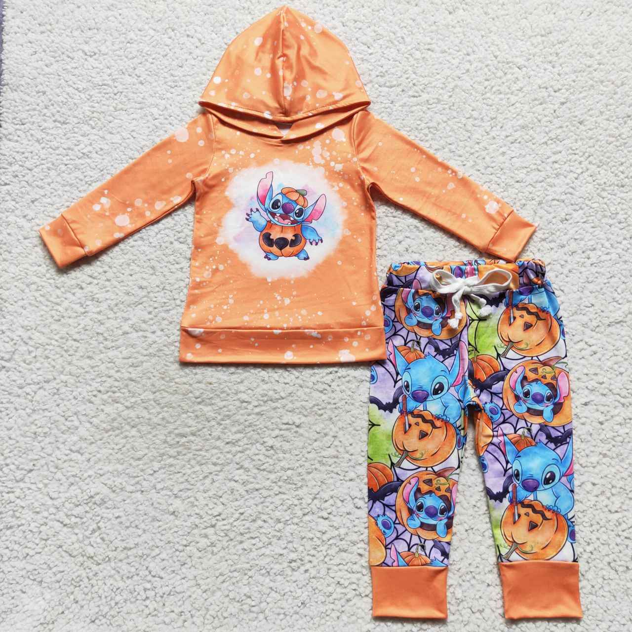 BLP0284 Stitc* Pumpkin Orange Hoodie Top Pants Boys Halloween Clothes Set