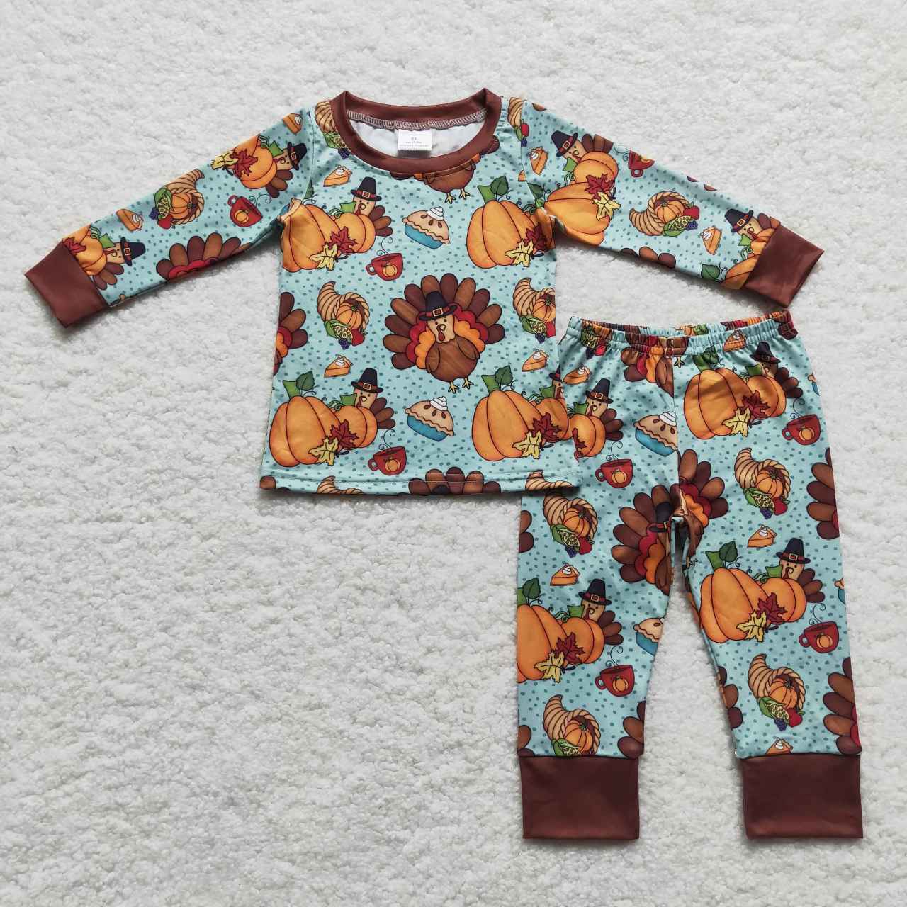 BLP0287 Pie Turkey Pumpkin Print Boys Thanksgiving Pajamas Clothes Set