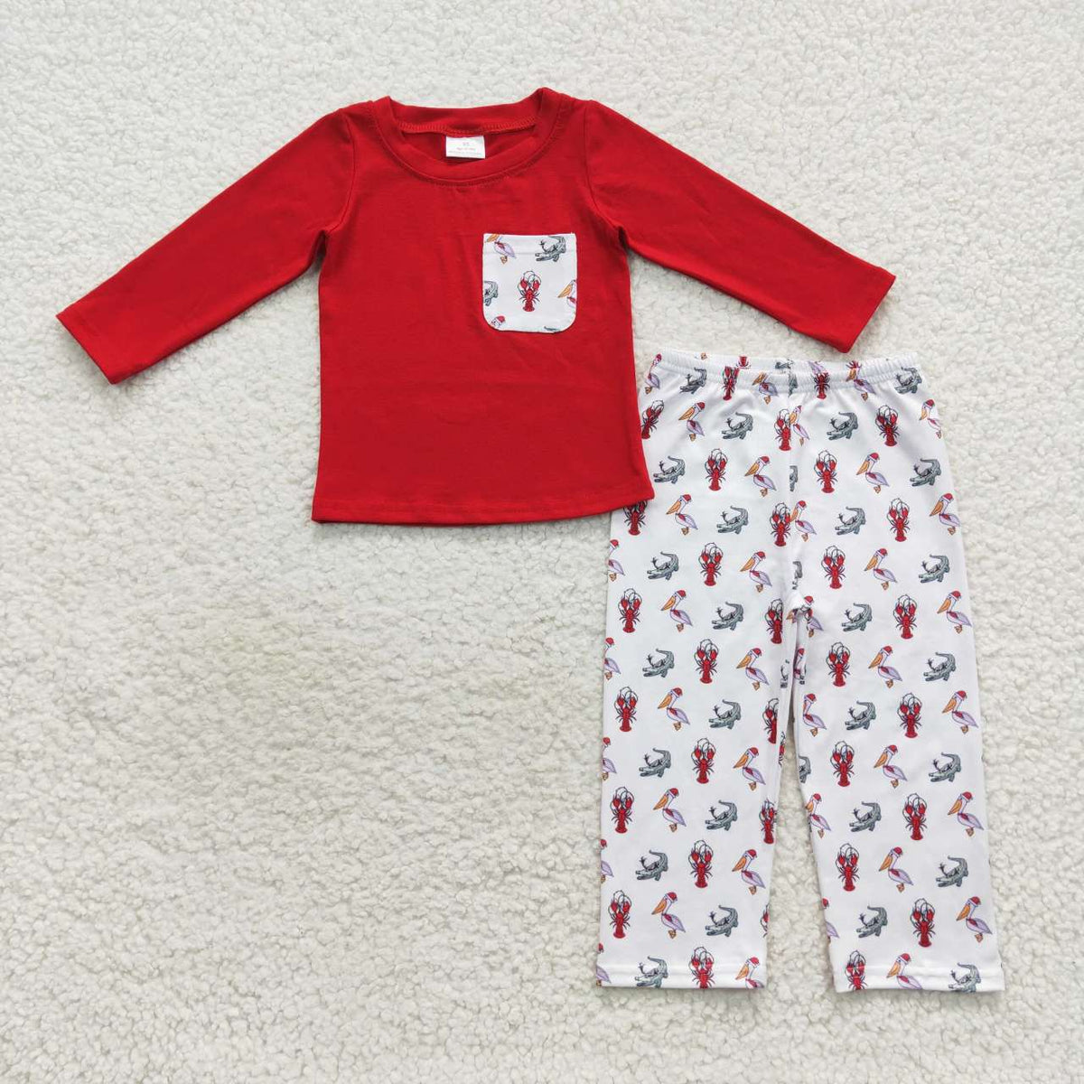 BLP0300 Red Pocket Top Pelican Crayfish Crocodile Pants Boys Christmas Clothes Set