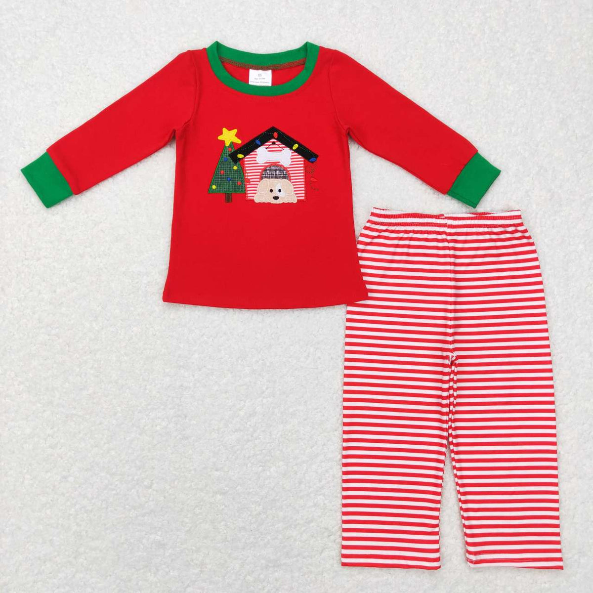 BLP0331 Dog House Tree Embroidery Red Top Stripes Pants Boys Christmas Clothes Set