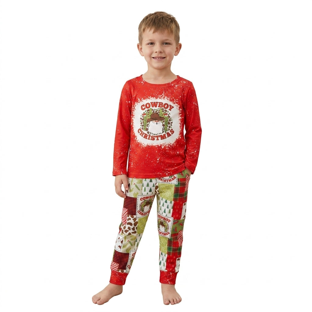 BLP0375 Cowboy Santa Red Top Checkered Pants Boys Christmas Clothes Set
