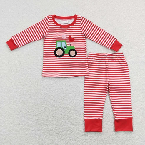 Sibling Baby Girls Boys Valentine Tractor Heart Striped Pajama Set Romper