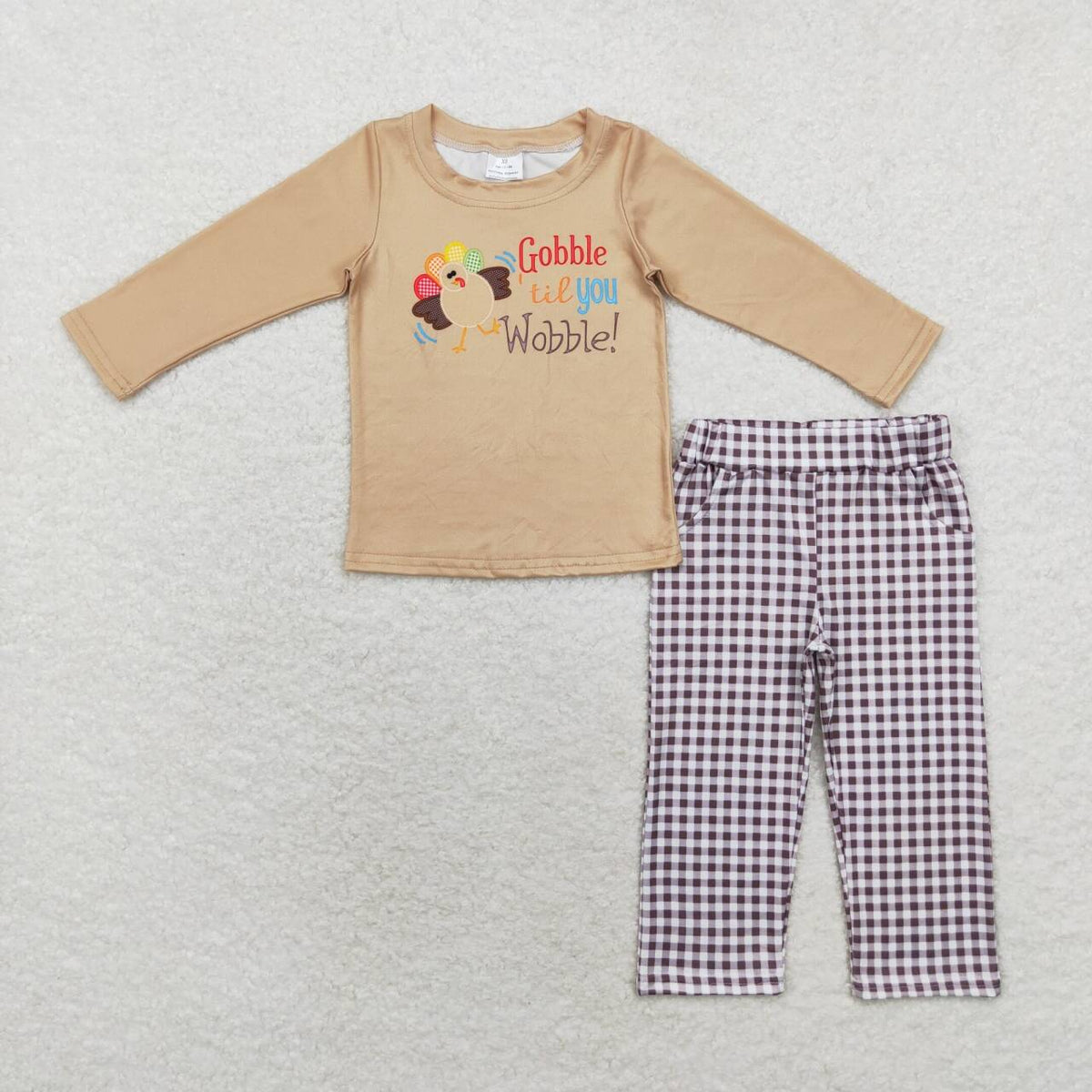 BLP0503 Gobble Wobble Turkey Top Checkered Pants Boys Thanksgiving Clothes Set