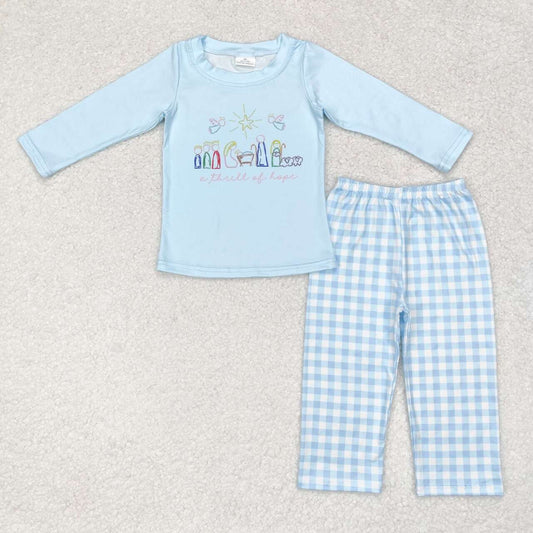 BLP0504 Nativity Hope Blue Checkered Print Boys Christmas Pajamas Clothes Set
