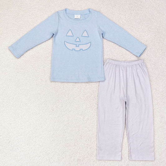 BLP0562 Smiling Face Embroidery Blue Top Checkered Pants Boys Halloween Clothes Set