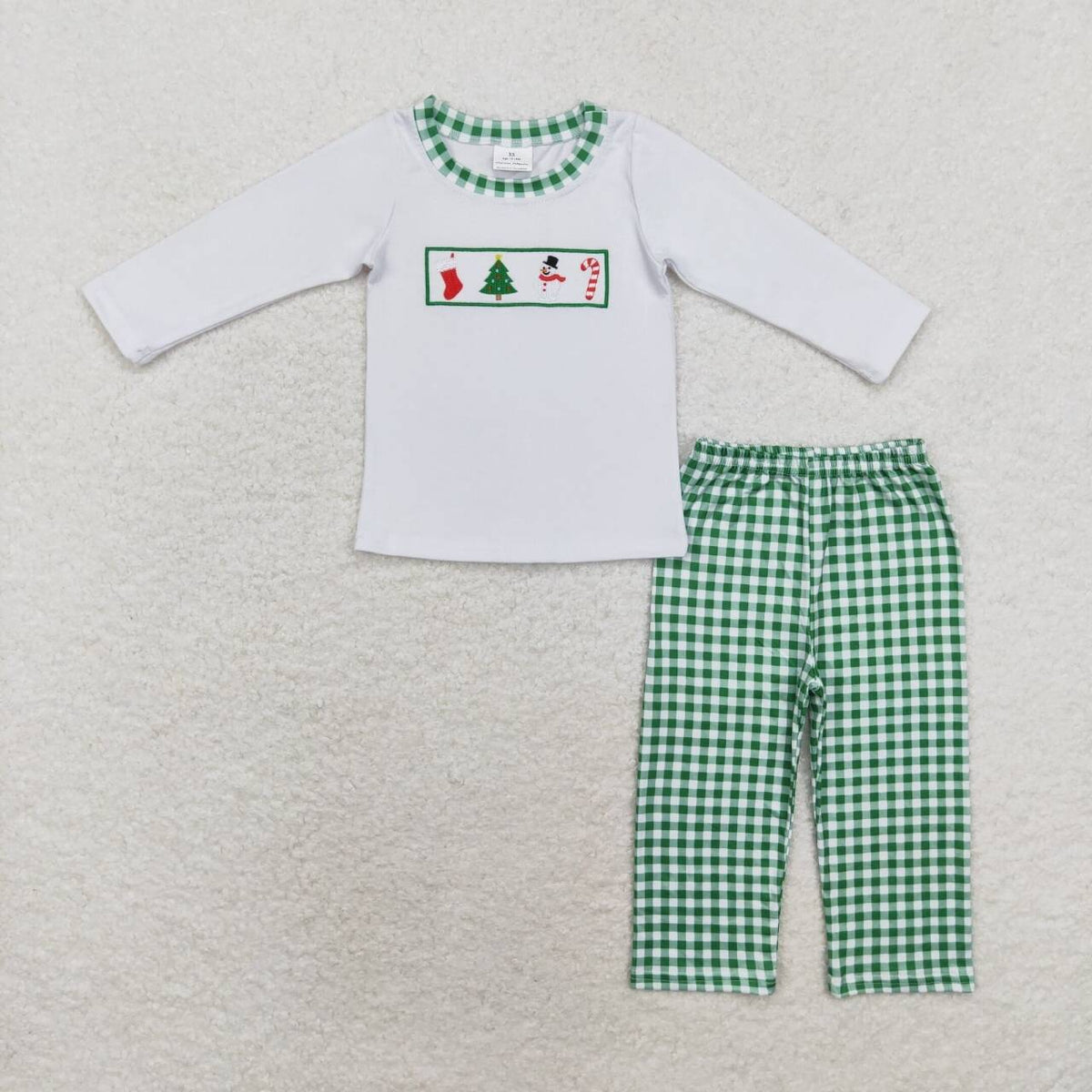 BLP0603 Snowman Embroidery White Top Checkered Pants Boys Christmas Clothes Set