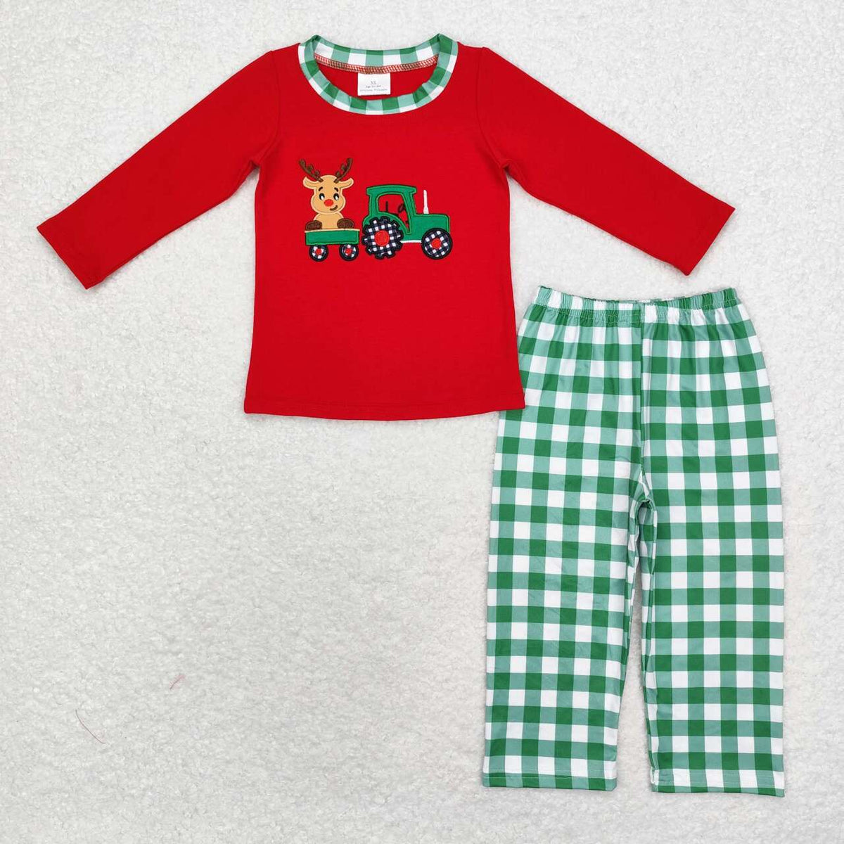 BLP0611 Deer Tractor Embroidery Red Top Checkered Pants Boys Christmas Clothes Set