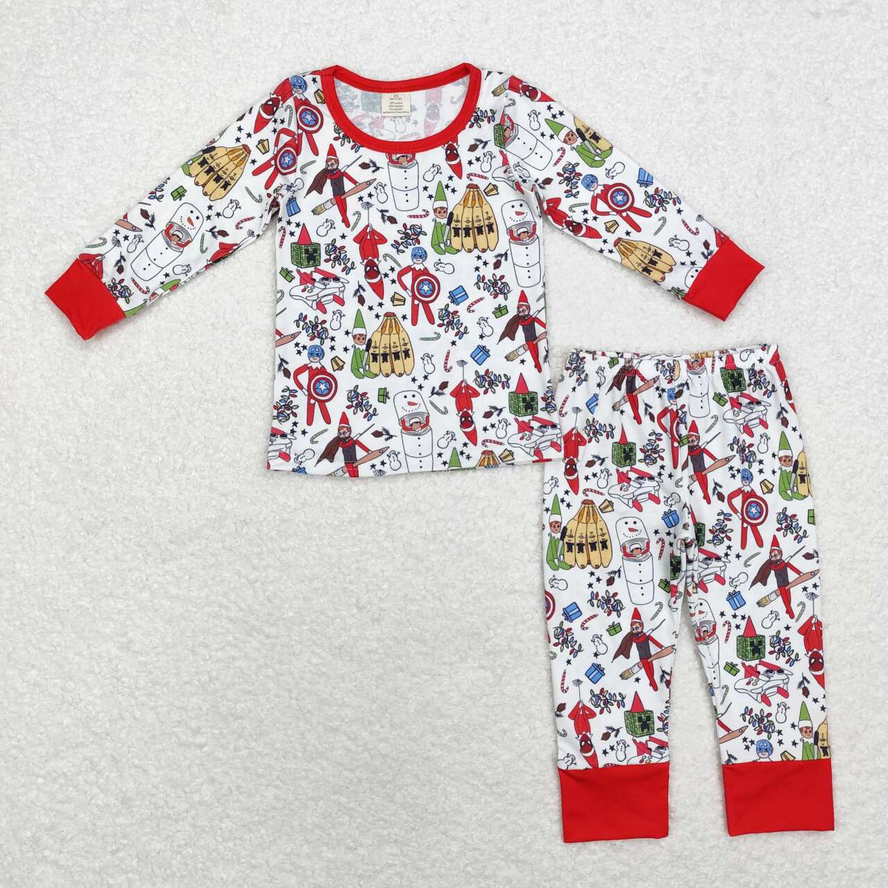 BLP0722 Cartoon Shelf Candy Cane Print Kids Christmas Bamboo Pajamas Clothes Set