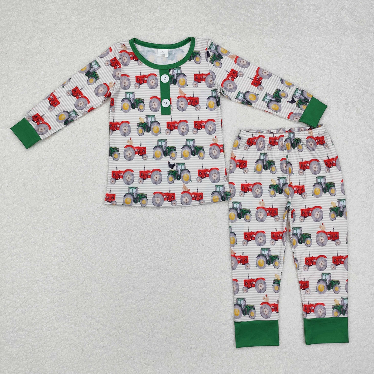 BLP0725 Tractor Red Green Stripes Print Kids Bamboo Pajamas Clothes Set