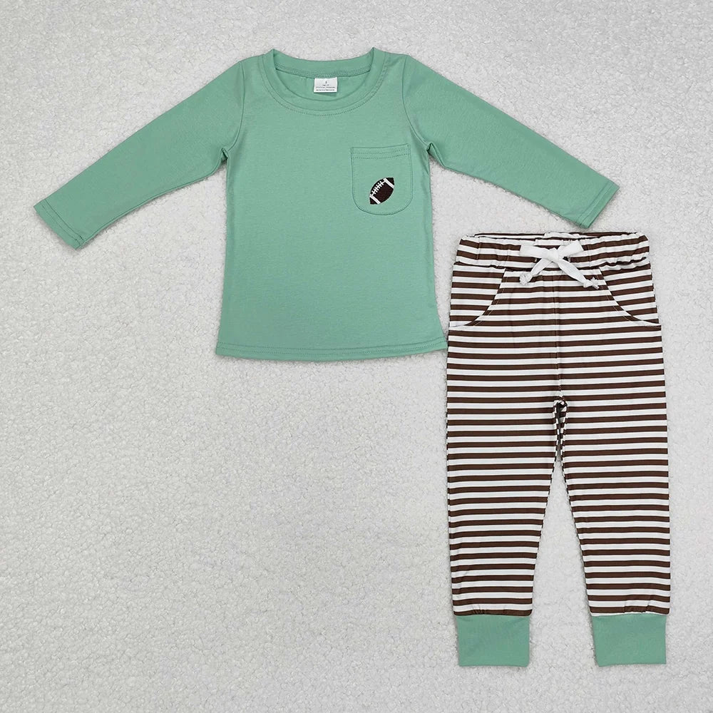 Baby Boys Embroidery Football Pocket Long Sleeve Striped Pants Outfit