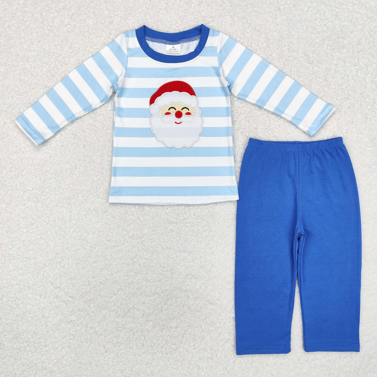 BLP0810 Santa Embroidery Stripes Top Blue Pants Boys Christmas Clothes Set