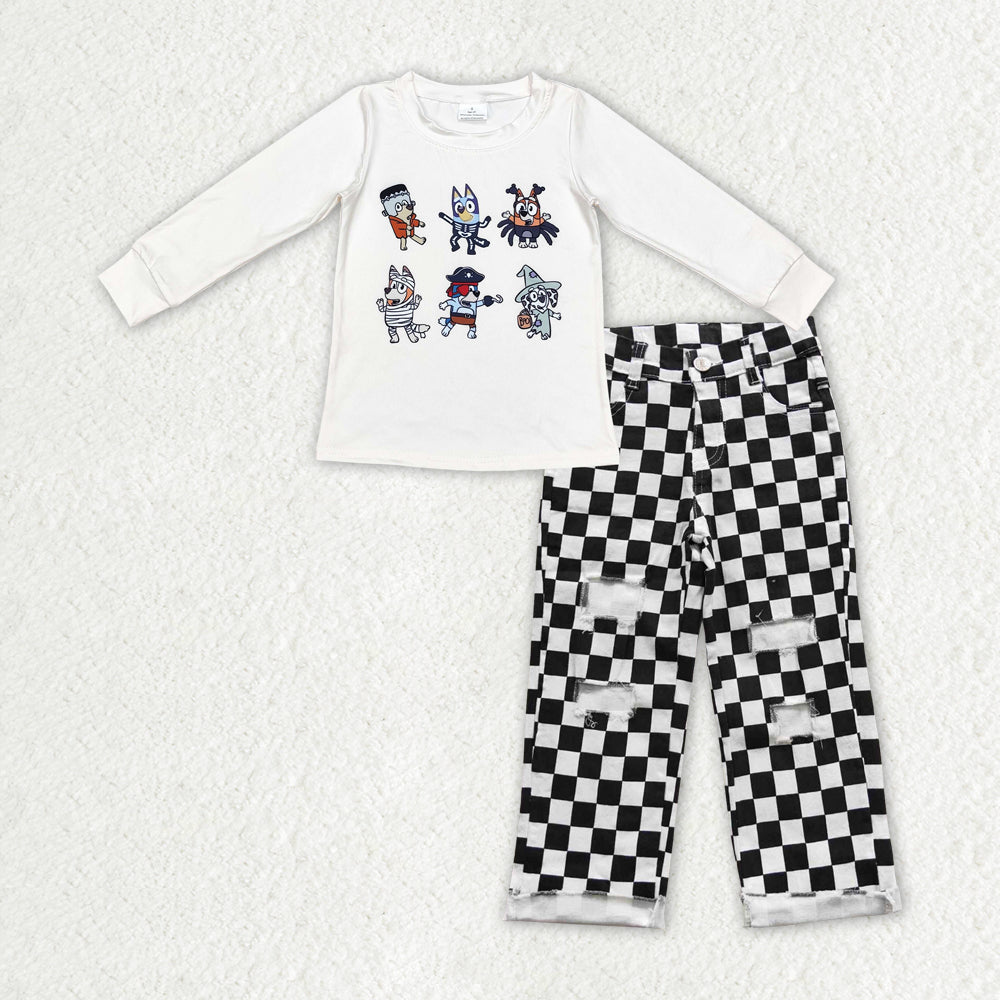 BLP0892 Cartoon Dog White Top Checkered Hole Jeans Boys Halloween Clothes Set