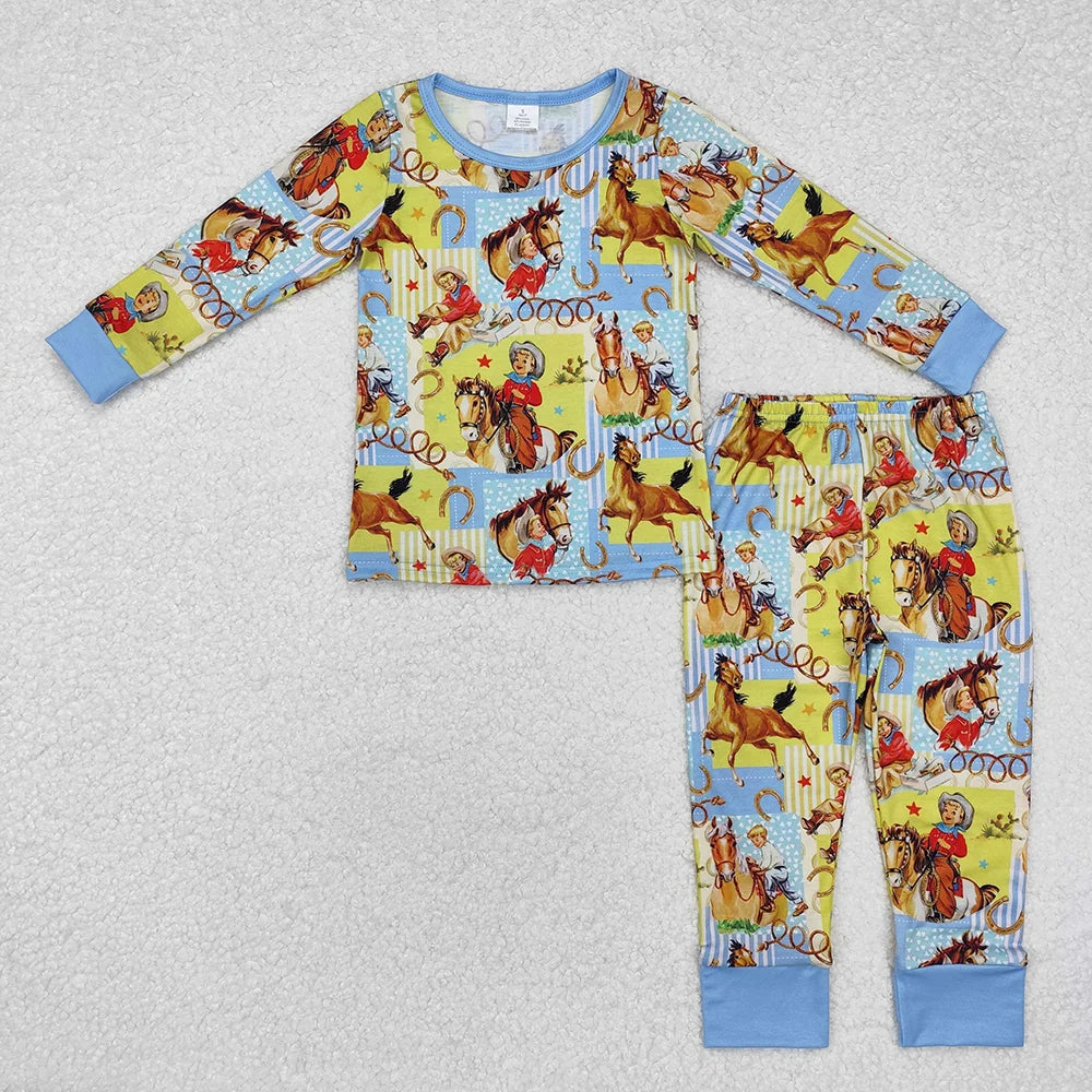 Sibling Baby Boys Western Rodeo Cows Horse Pajama Set