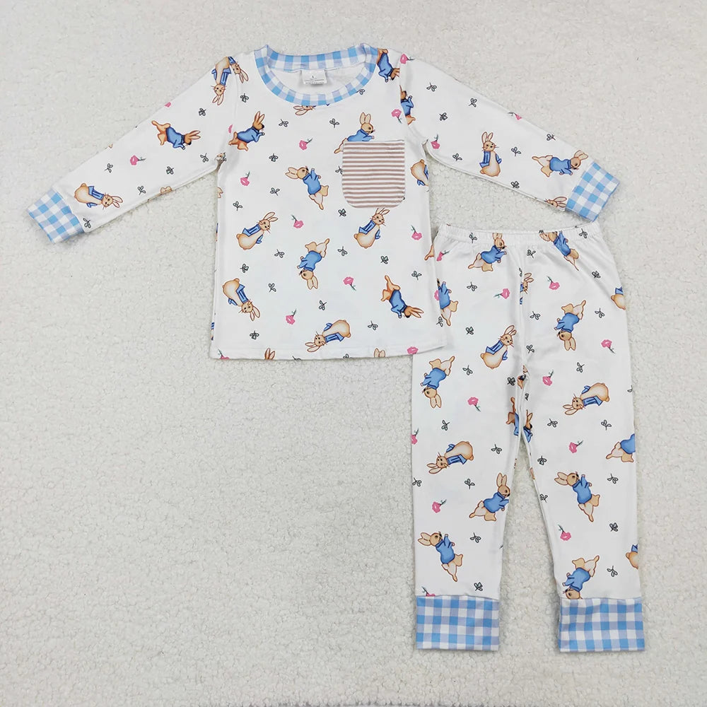 Sibling Girls Boys Easter Bunny Pocket Long Sleeve Pajama Set