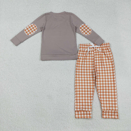 BLP1098 Dog Embroidery Top Checkered Pants Boys Halloween Clothes Set