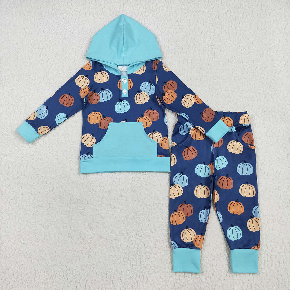 BLP1154 Pumpkin Blue Hoodie Top Pockets Pants Boys Fall Clothes Set