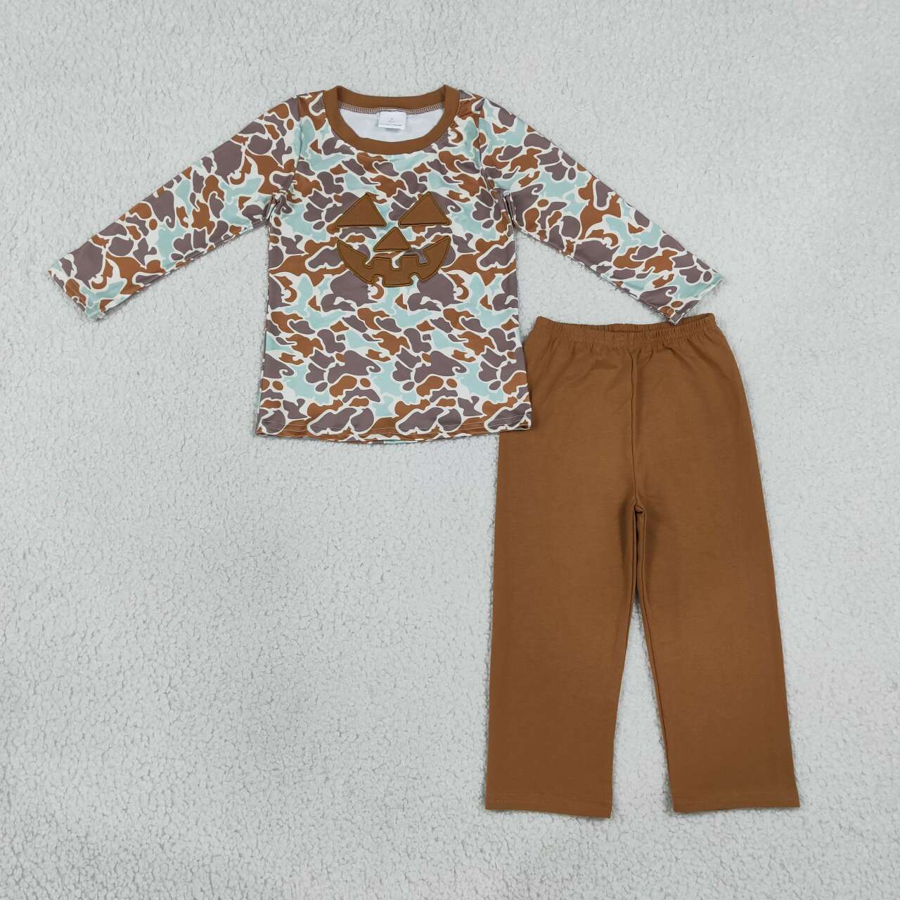 BLP1193 Smiling Embroidery Camo Top Brown Pants Boys Halloween Clothes Set