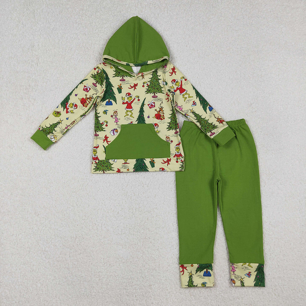 BLP1224 Green Frog Hoodie Top Green Pants Boys Christmas Clothes Set