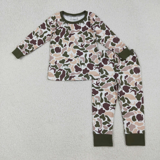 Sibling Boys Dark Green Camo Long Sleeve Pajama Set and Zipper Romper