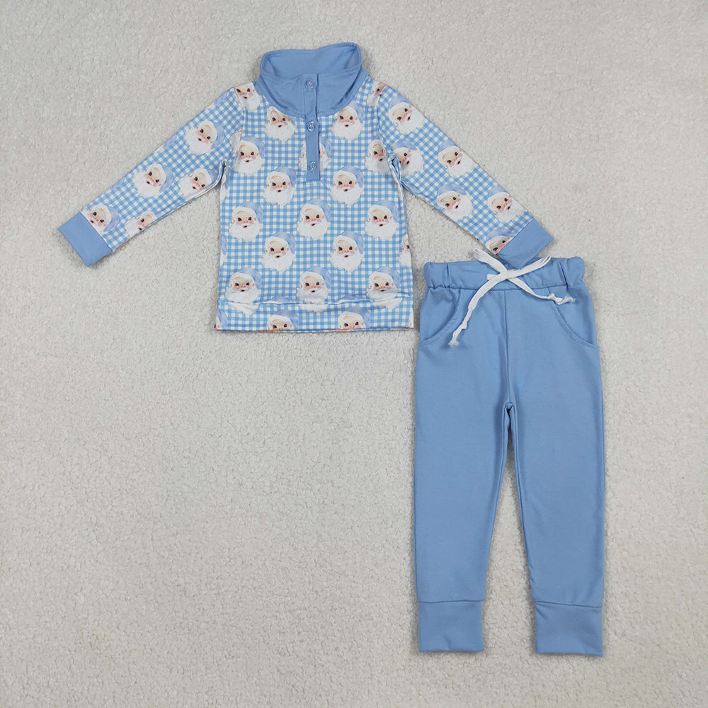 BLP1295 Santa Checkered Polo Top Blue Pants Boys Christmas Clothes Set