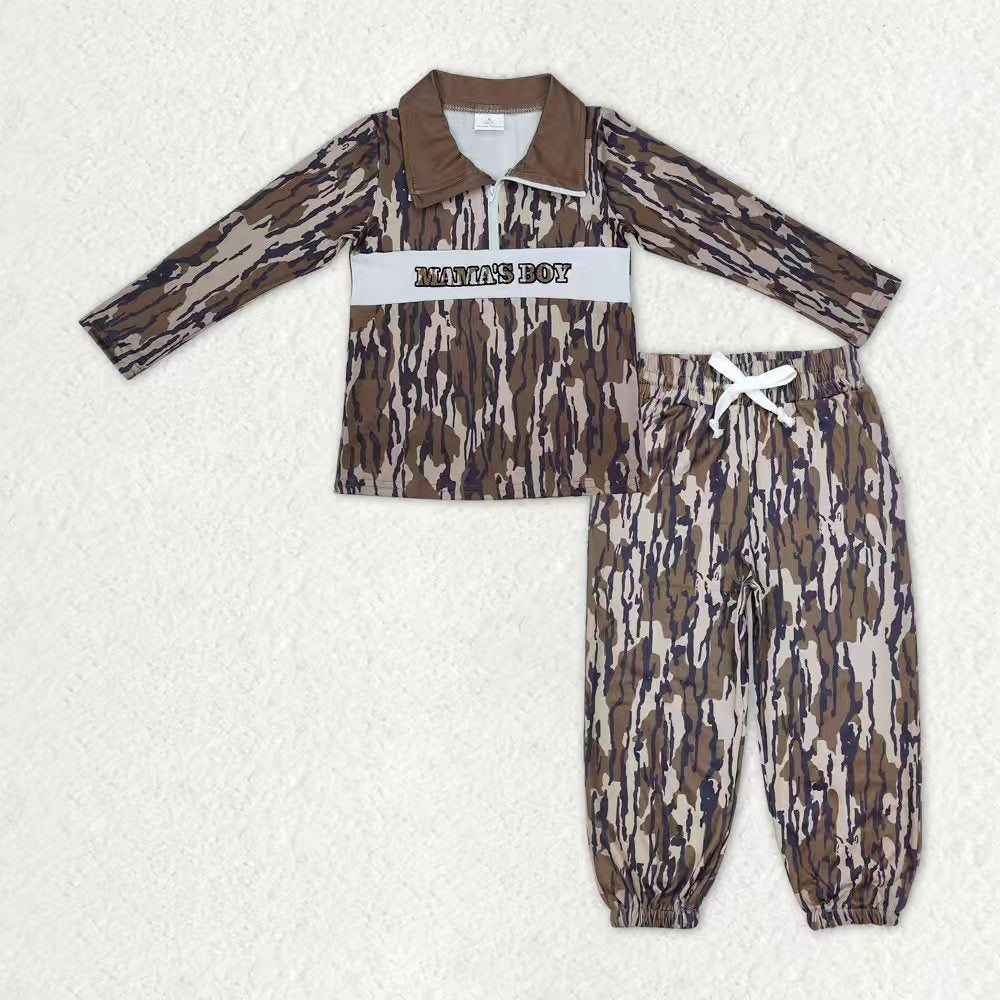 Sibling baby Boys Camo Embroidery Duck Dog Zipper Pullover Top Jogger Hunting Outfit
