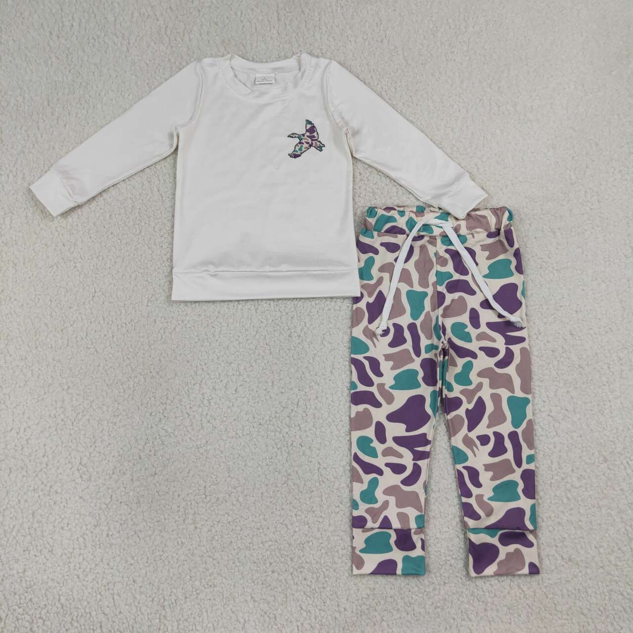 BLP1378 Duck White Top Green Purple Camo Pants Boys Fall Clothes Set