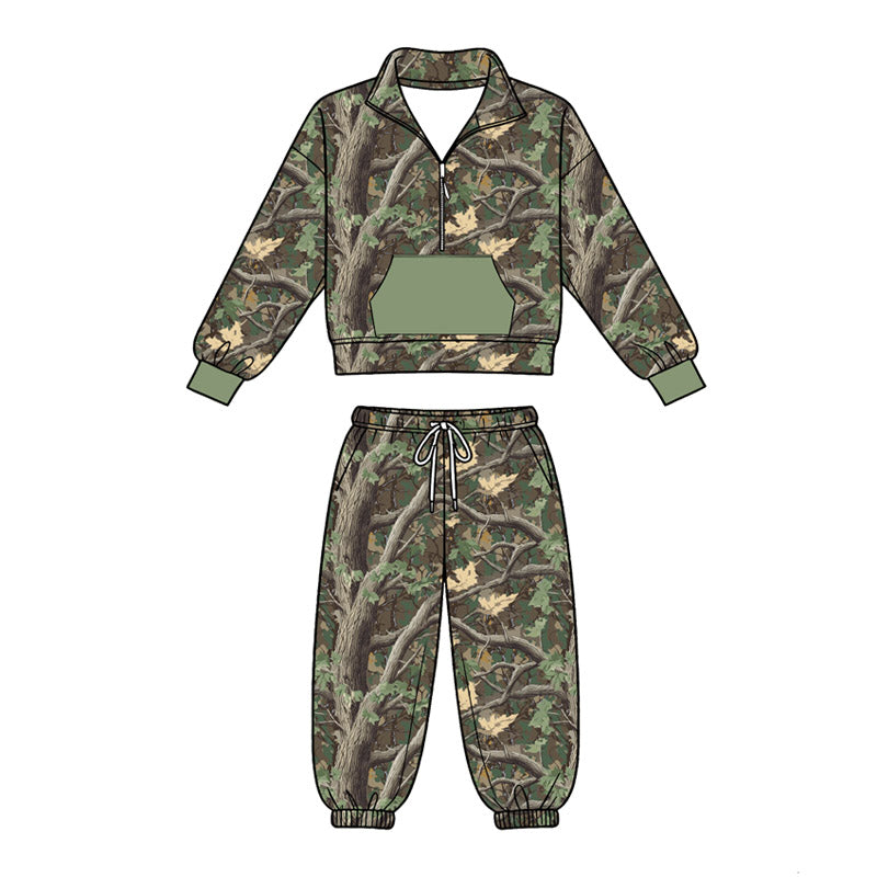 4.18Green Camo Girl Outfit -Long Sleeve Pullover Top with Jogger Pants Set Preorder