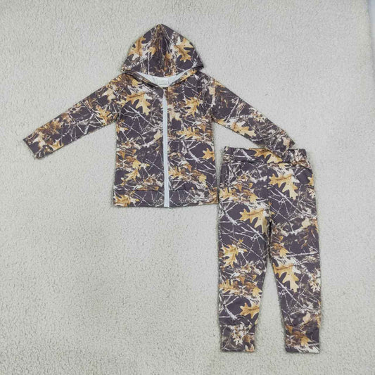 BLP1439 Branch Camo Print Zipper Hoodie Top Pockets Pants Boys Fall Hunting Clothes Set