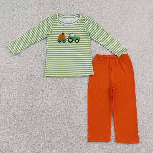 Sibling Baby Boys Embroidery Pumpkin Truck Striped Outfit +Romper