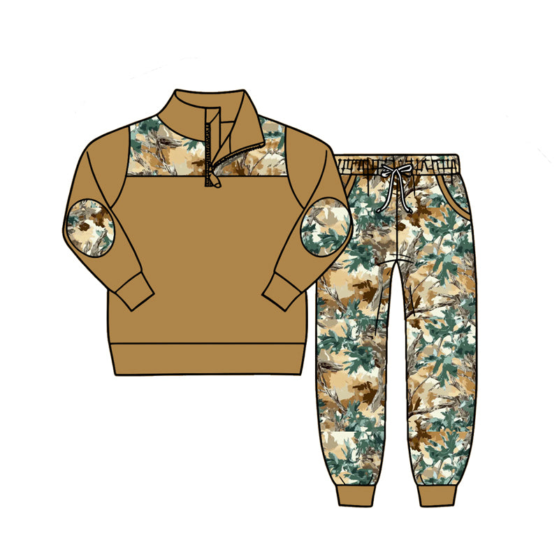 4.27 Boys Tan Hunting Camo Set - Quarter Zip Sweatshirt & Fall Camo Jogger Pants