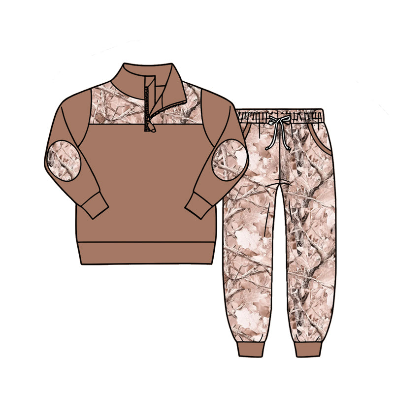4.27 Boys Pink Camo Quarter Zip Outfit - Neutral Woodland Print Sweatshirt & Joggers Preorder